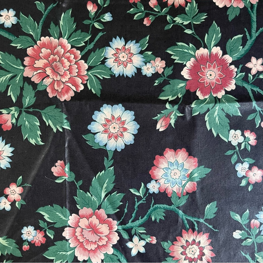 Vintage Duralee Leslie Black Floral Interior Fabric Cotton Pink Green 54 x 66